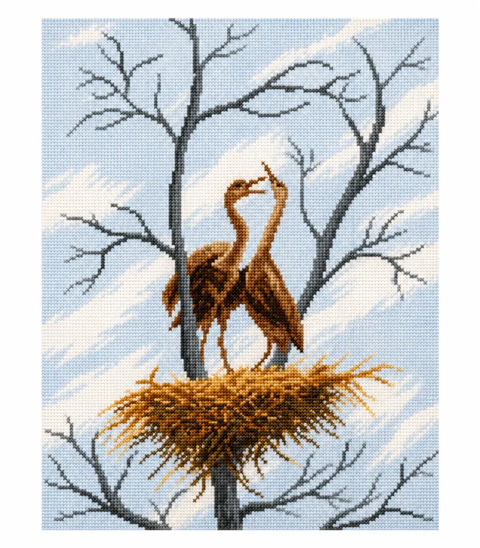 Cross-stitch birds nesting in winter tree Cross-stitch Birds Nesting in Winter Tree - Image 1